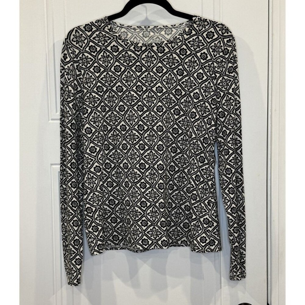 Lands End Black & White Long-Sleeve Floral Print Top M EUC Office Casual